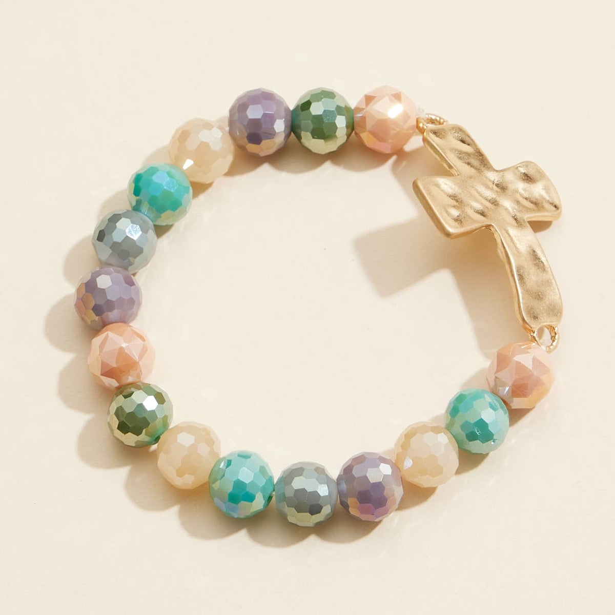 Glass Beaded Cross Charm Stretch Bracelet
