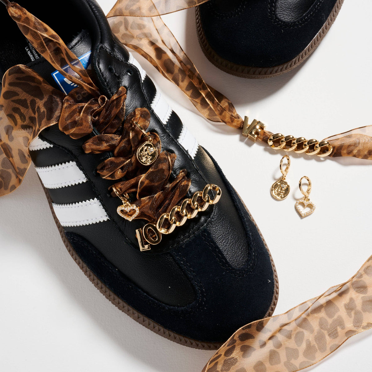 Leopard Organza Sneaker Shoelaces | Chain & Heart Charm Set