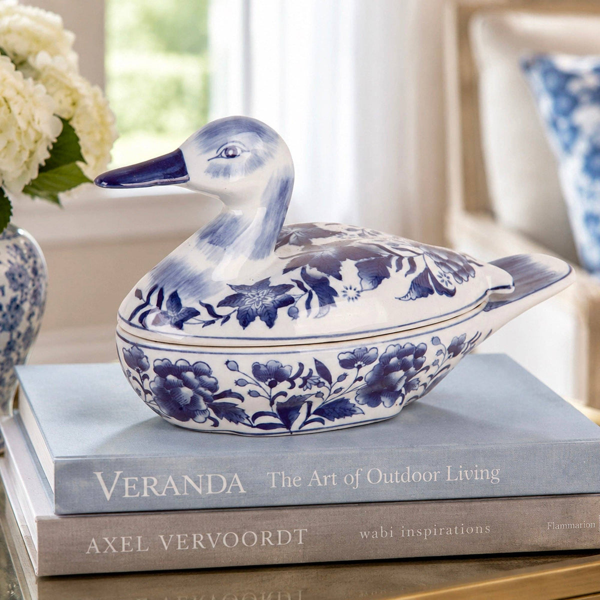 12in Blue White Ceramic Duck Trinket Box