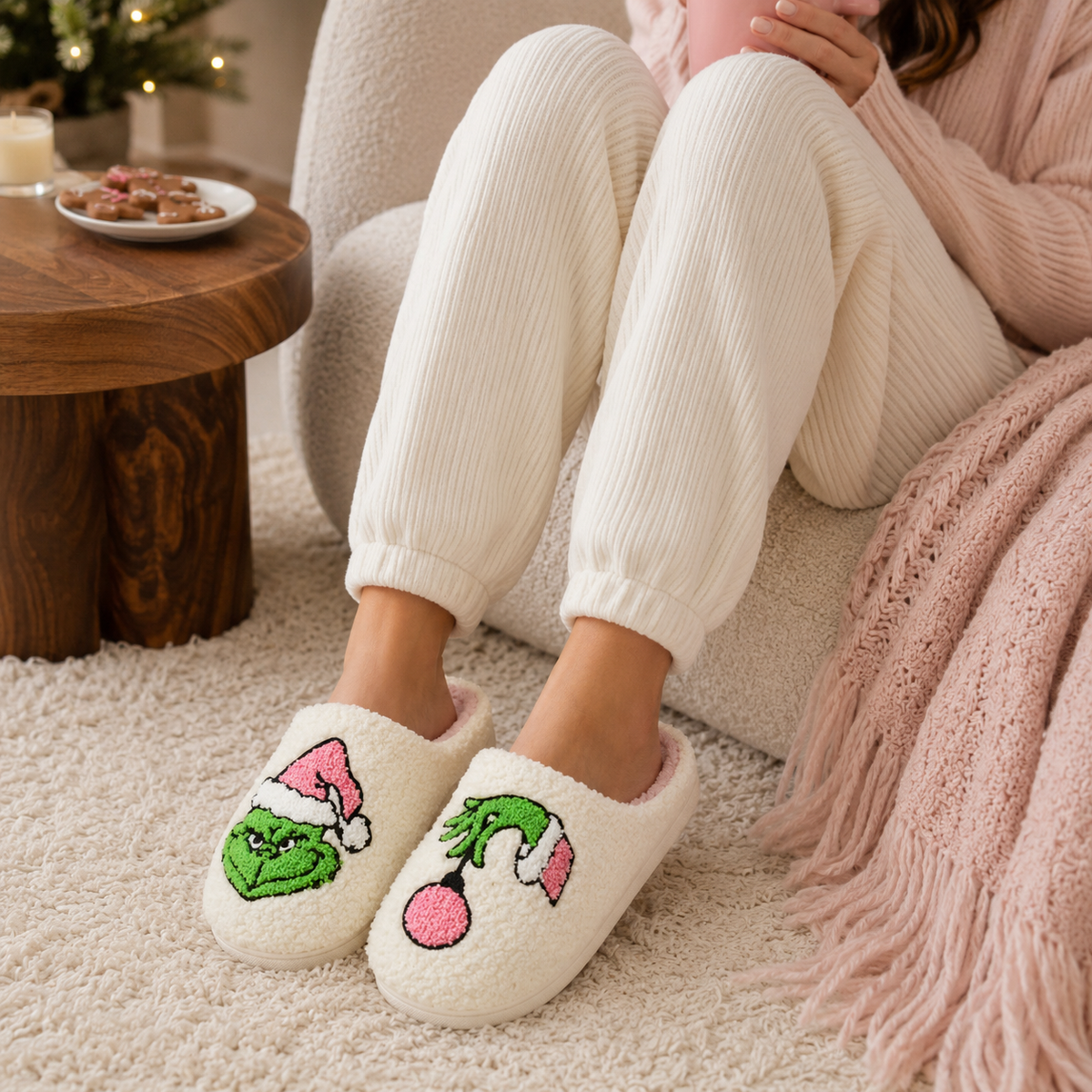 Sherpa Green Monster Christmas Slippers | Holiday Home Slippers