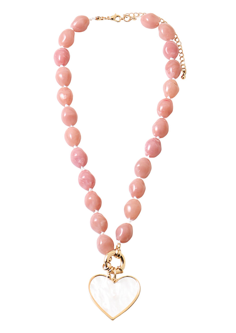 Large Heart and Marble Stone Beaded Necklace - Rose pink
