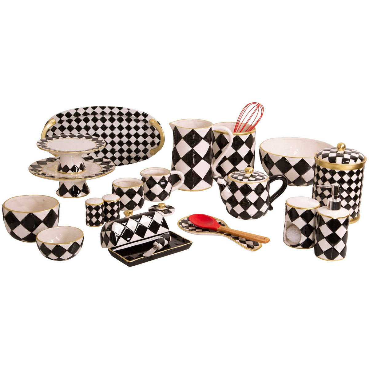 15.4"L Blk/Wht Checkers Embossed Oval Platter W/Gold Handles