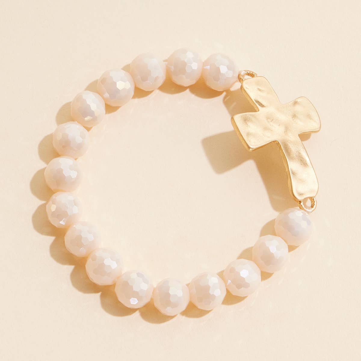 Glass Beaded Cross Charm Stretch Bracelet