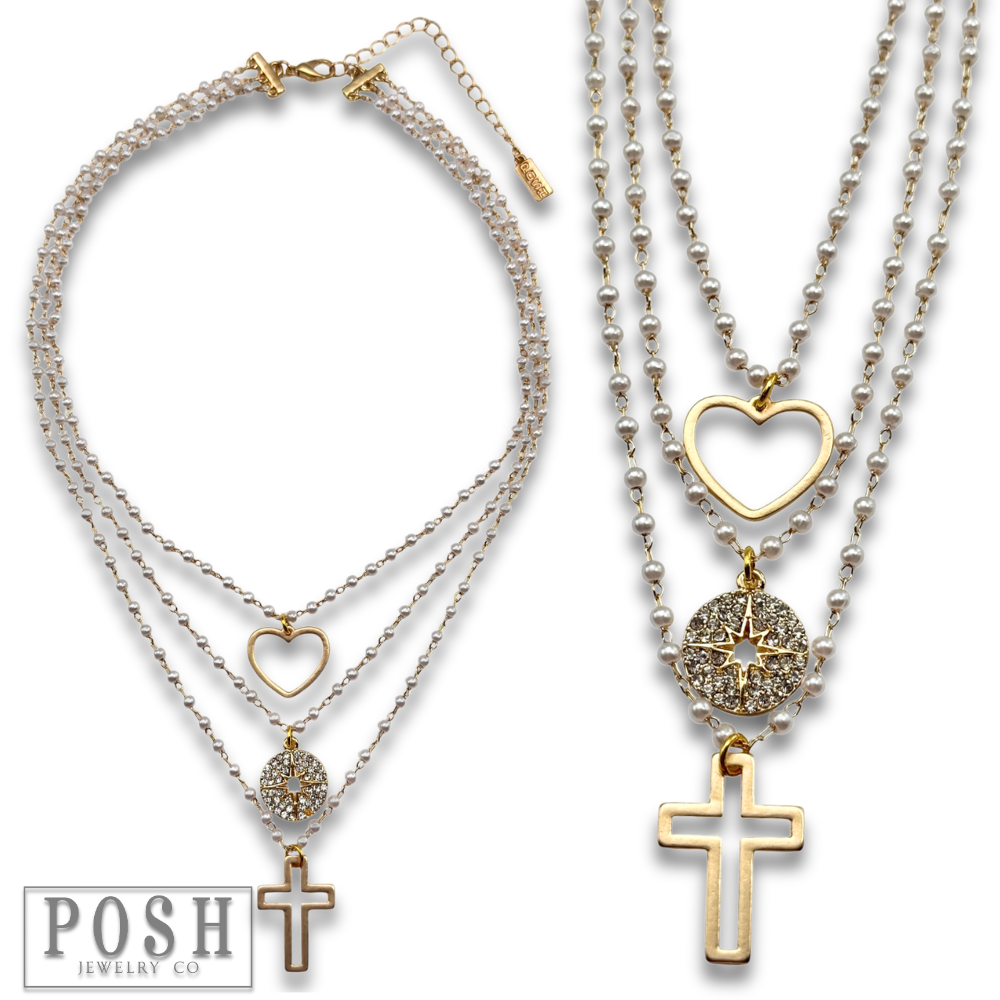 Linked pearl bead charm necklace
