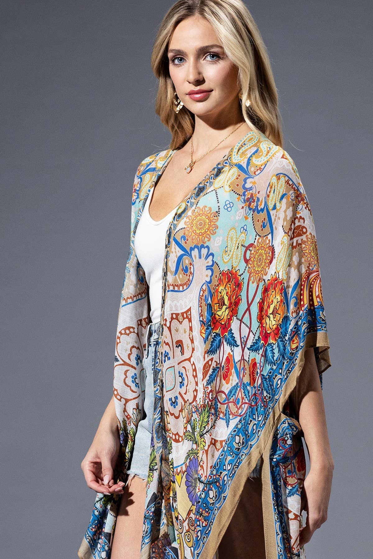 Gold Blue Mandala Viscose Kimono: GOLD BLUE MANDALA