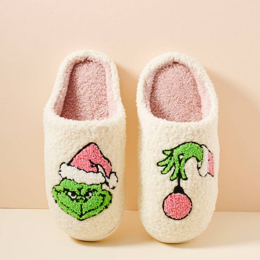 Sherpa Green Monster Christmas Slippers | Holiday Home Slippers
