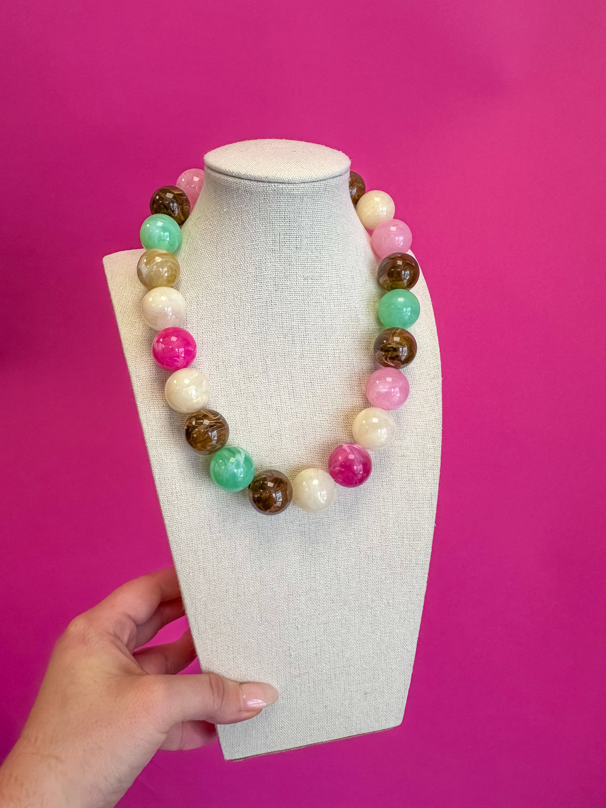Statement Bead Necklace - Multi/Pink and Brown