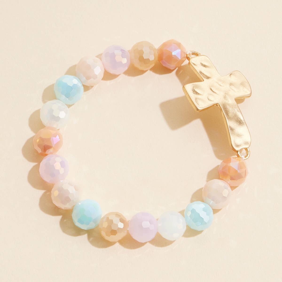 Glass Beaded Cross Charm Stretch Bracelet