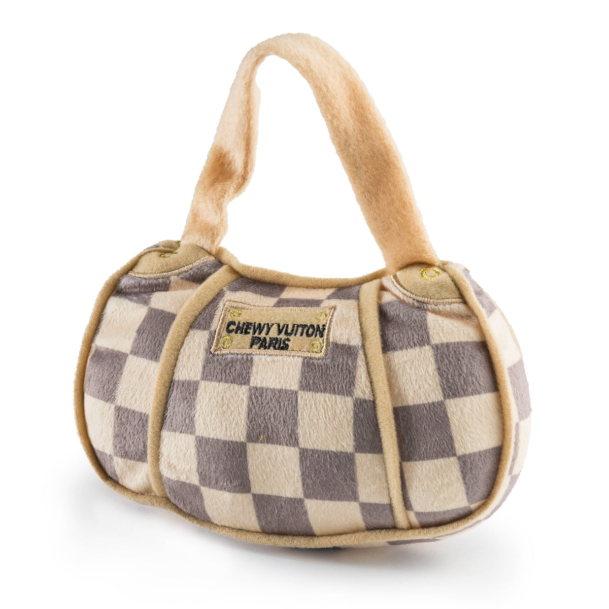 Tan Checker Chewy Vuiton Handbag | Plush Squeaker Dog Toy