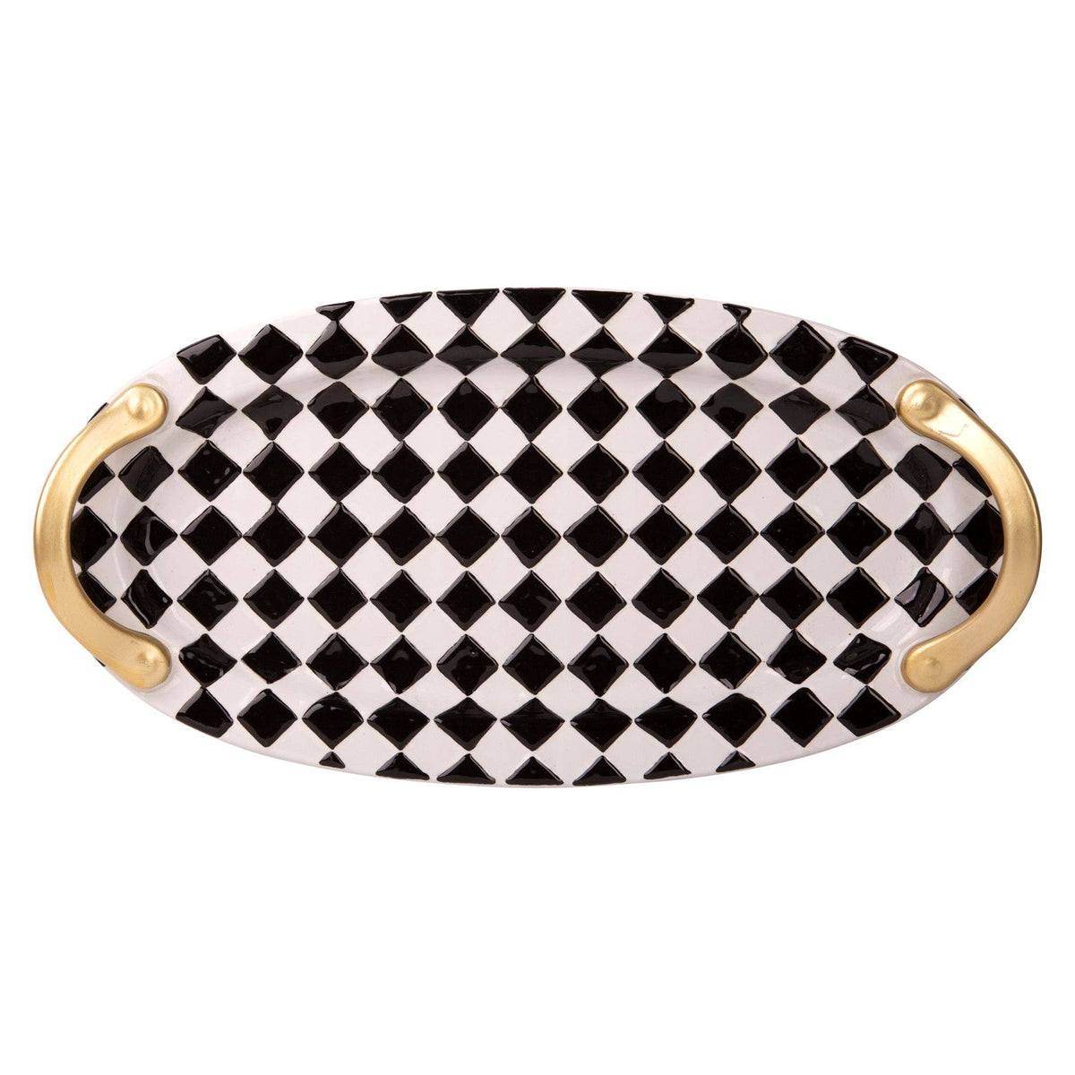 15.4"L Blk/Wht Checkers Embossed Oval Platter W/Gold Handles
