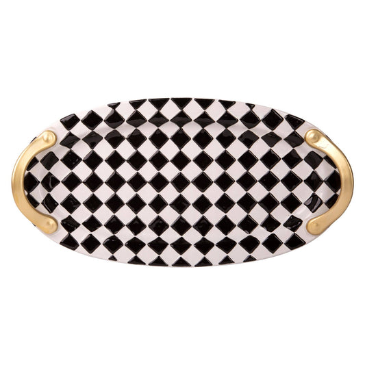 15.4"L Blk/Wht Checkers Embossed Oval Platter W/Gold Handles