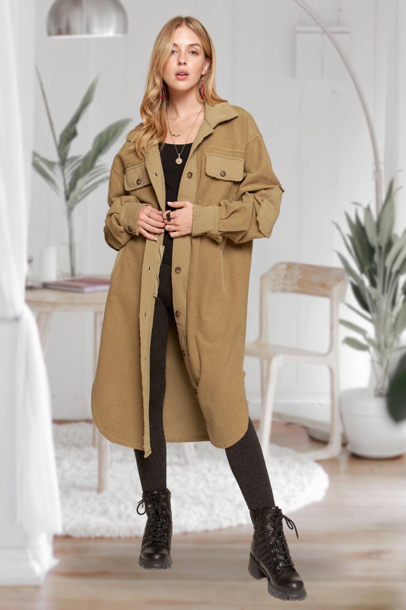 CEJ3424 - ELBOW PATCHED BUTTON DOWN LONG JACKET