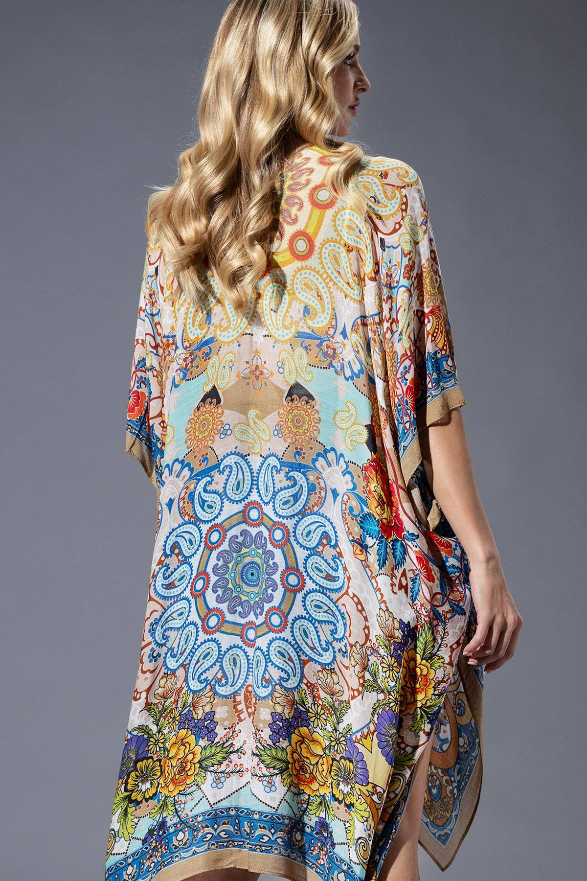 Gold Blue Mandala Viscose Kimono: GOLD BLUE MANDALA