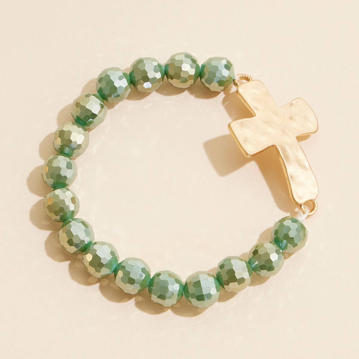Glass Beaded Cross Charm Stretch Bracelet