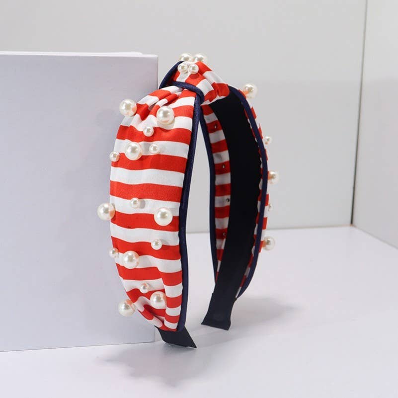 4TH OF JULY USA STRIPE  PEARL HEADBAND | 40HB190: Red