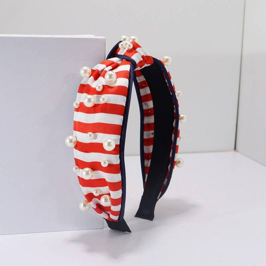 4TH OF JULY USA STRIPE  PEARL HEADBAND | 40HB190: Red