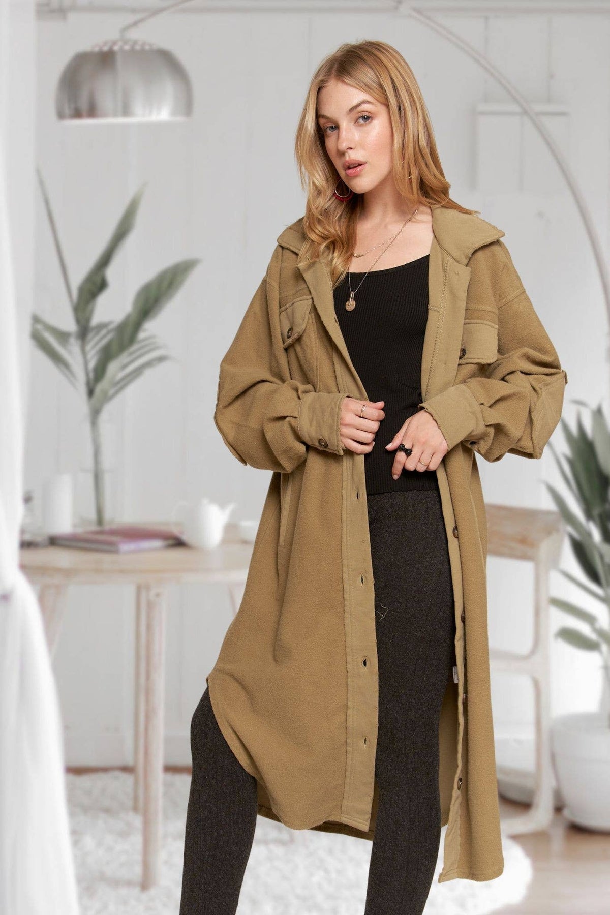 CEJ3424 - ELBOW PATCHED BUTTON DOWN LONG JACKET