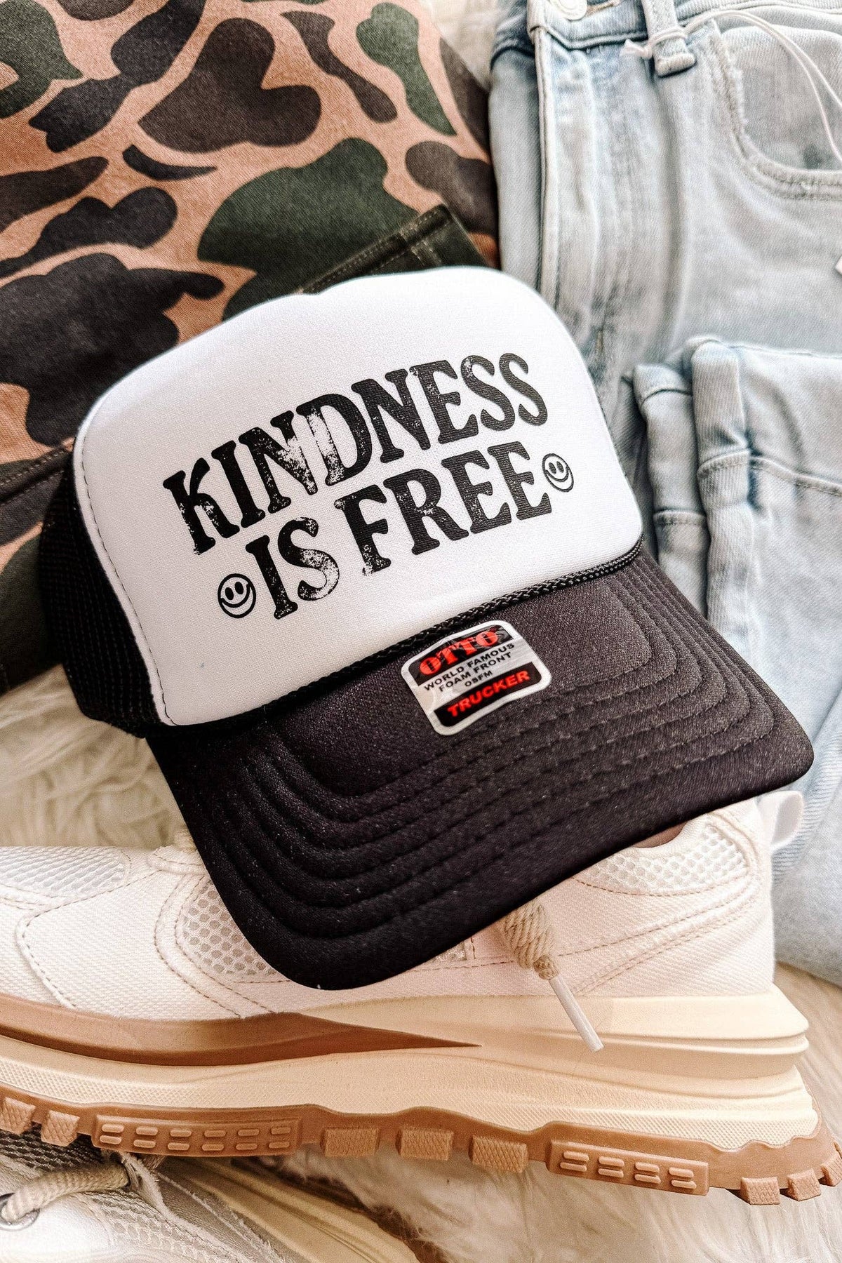 Kindness is Free Trucker Hat - Black & White