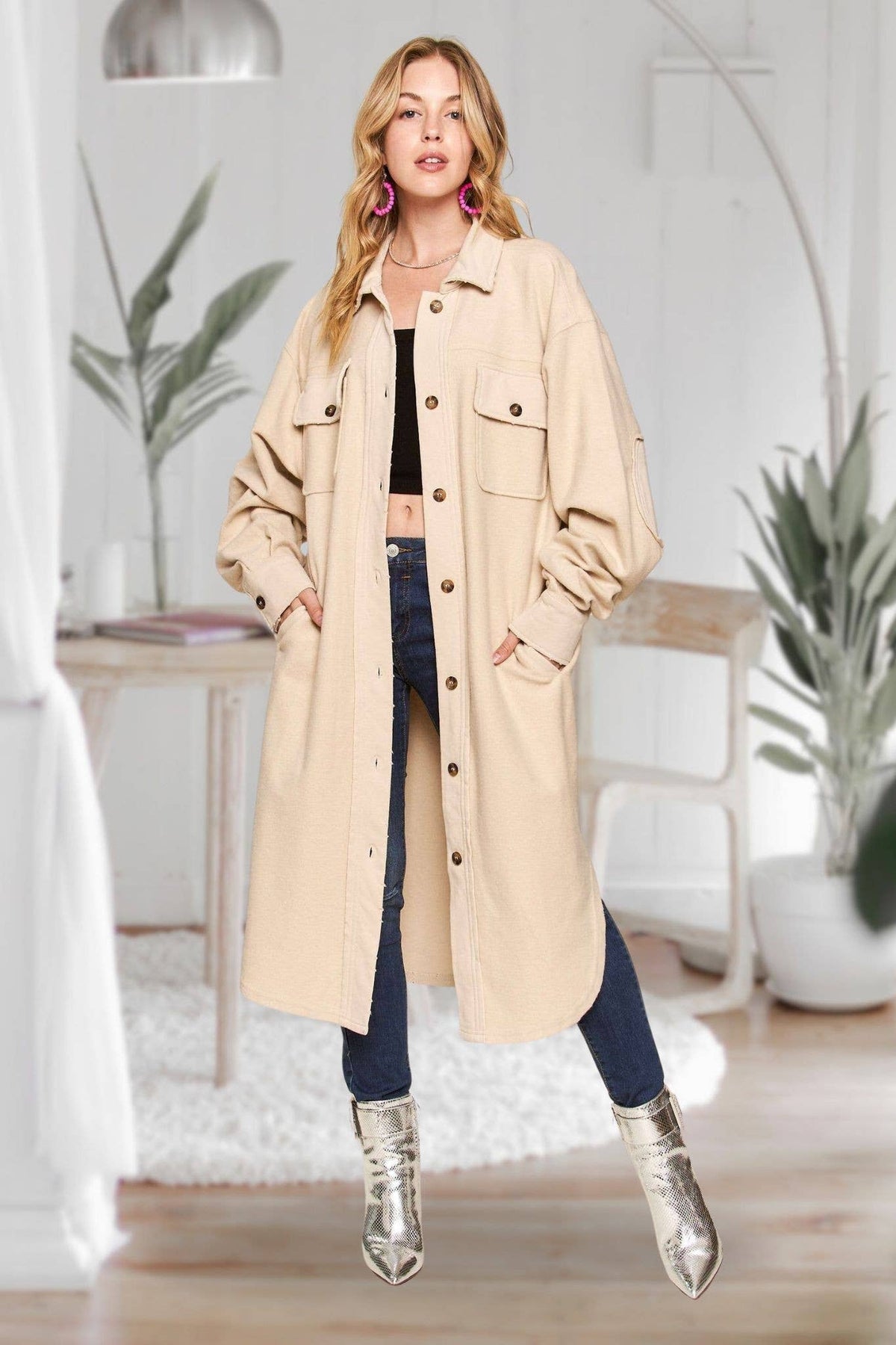 CEJ3424 - ELBOW PATCHED BUTTON DOWN LONG JACKET