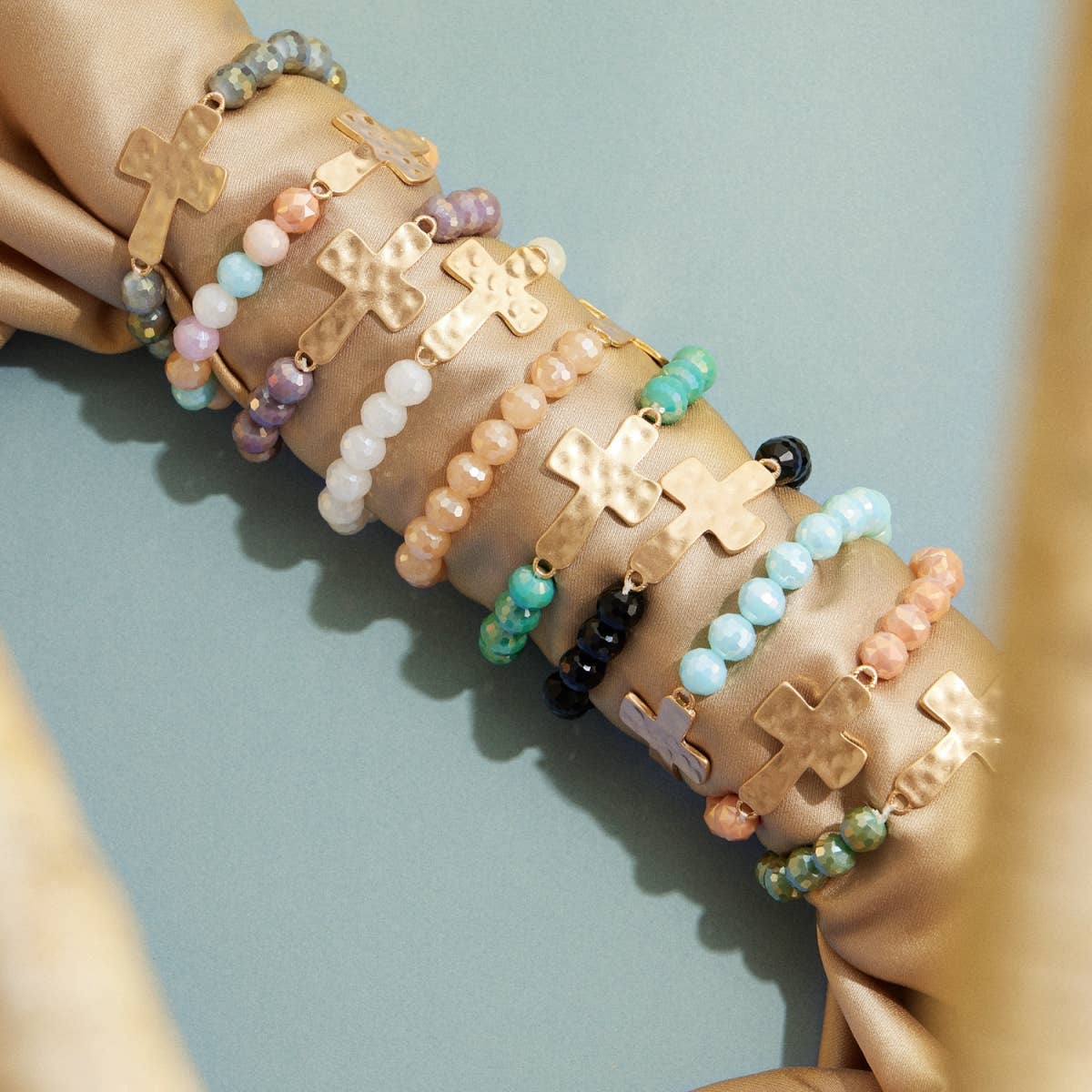 Glass Beaded Cross Charm Stretch Bracelet
