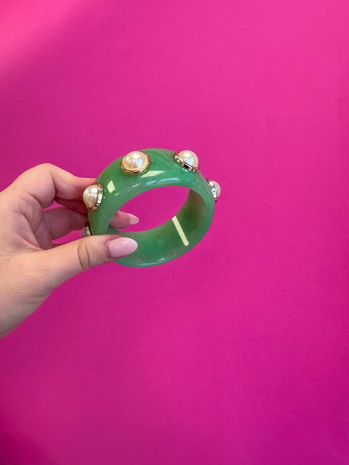 Bangle Bracelet - Green with Pearl