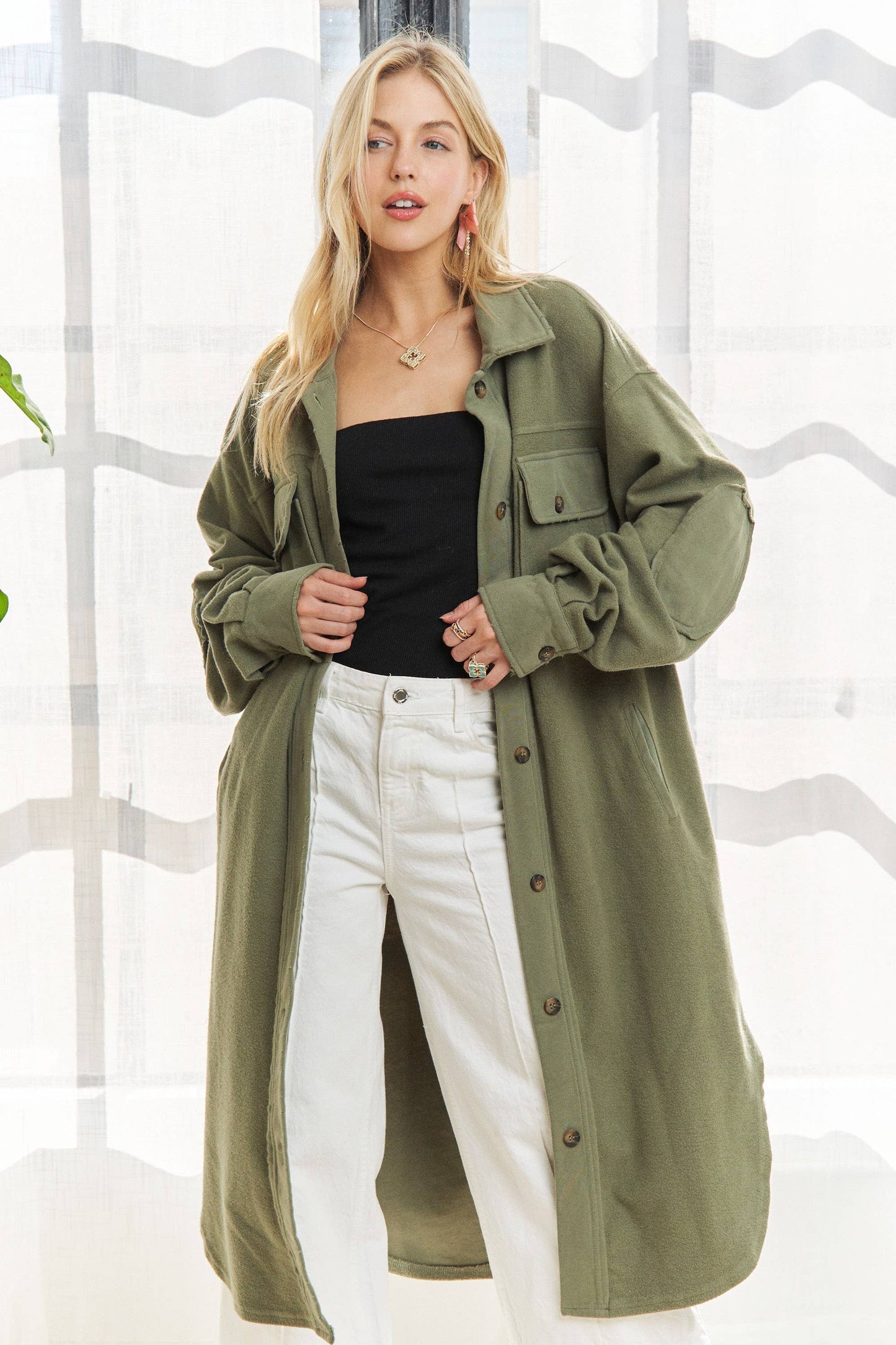 CEJ3424 - ELBOW PATCHED BUTTON DOWN LONG JACKET