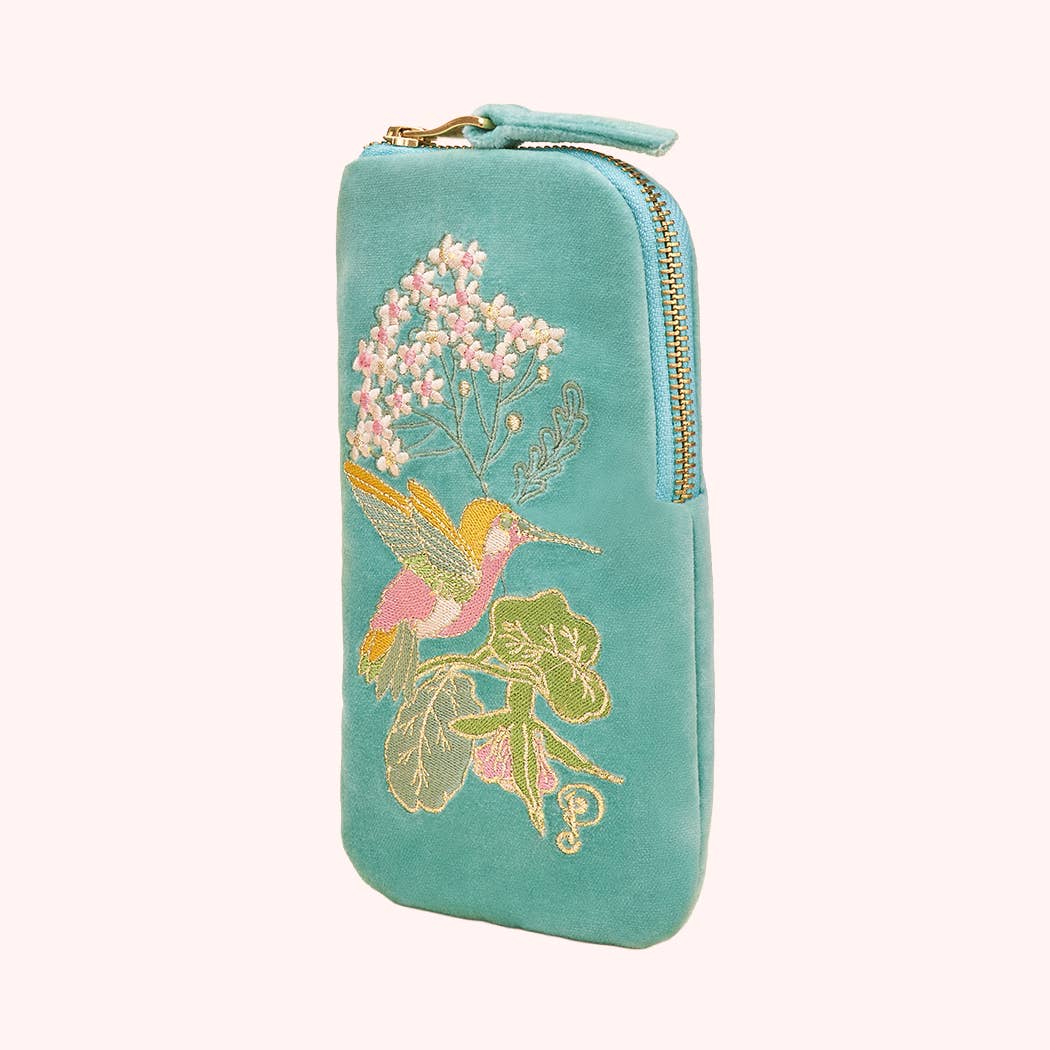 Velvet Embroidered Sunglasses Pouch - Hummingbird, Aqua