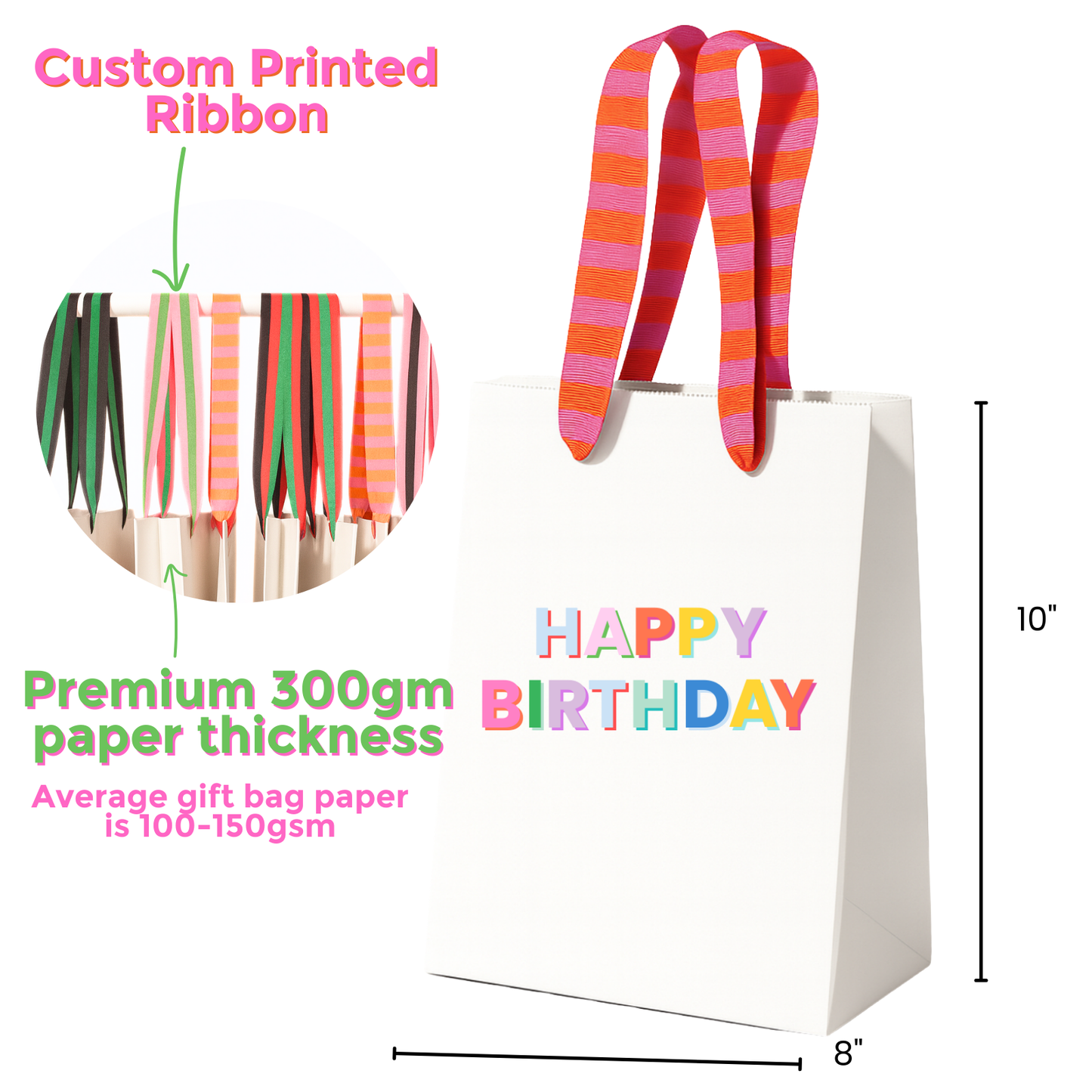 Funny Gift Bag Happy Birthday | pink + orange preppy stripe