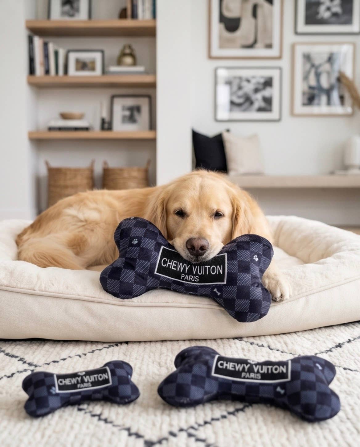 Black Checker Chewy Vuiton Bone  | Squeaker Dog Toy