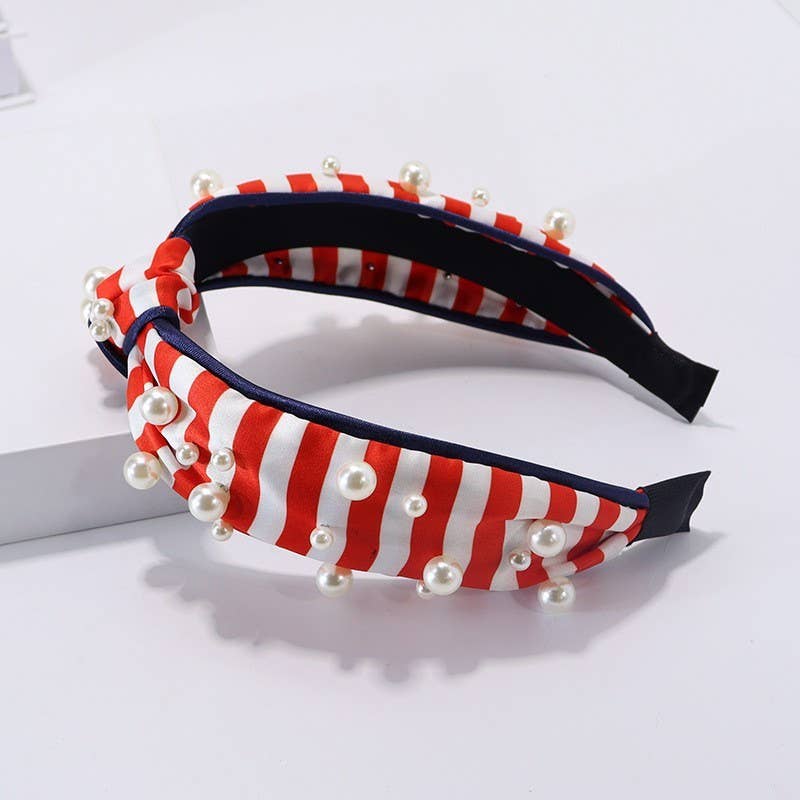 4TH OF JULY USA STRIPE  PEARL HEADBAND | 40HB190: Red