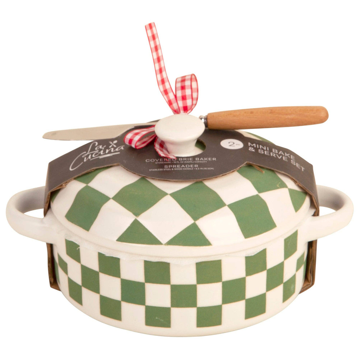18oz Evergreen-Wht Checkerbrd Covered Brie Baker W-Spreader