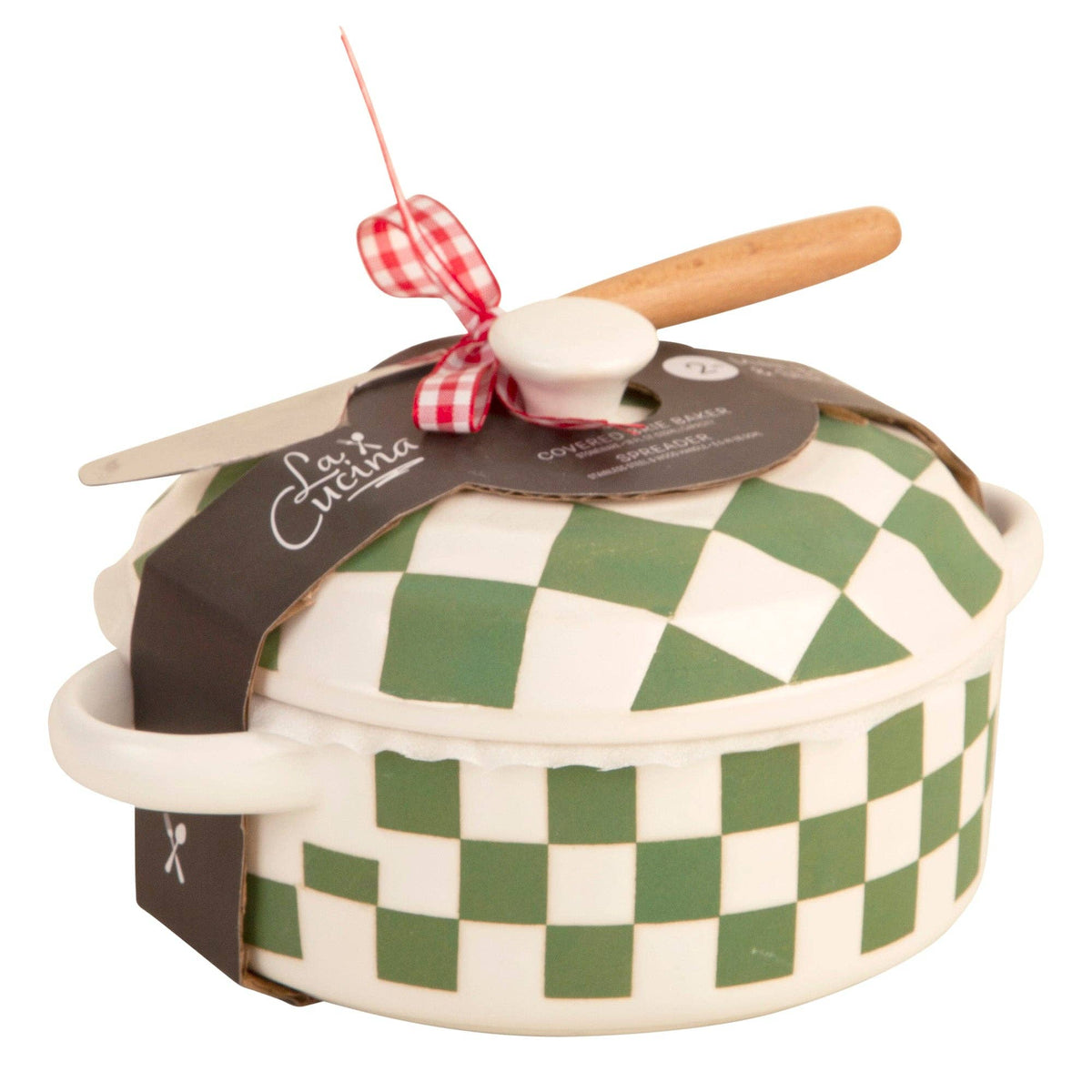 18oz Evergreen-Wht Checkerbrd Covered Brie Baker W-Spreader