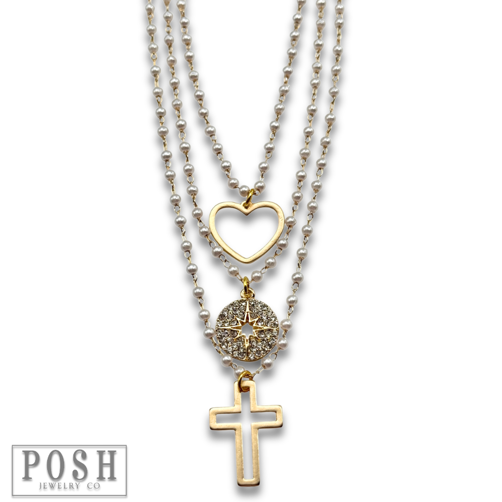 Linked pearl bead charm necklace