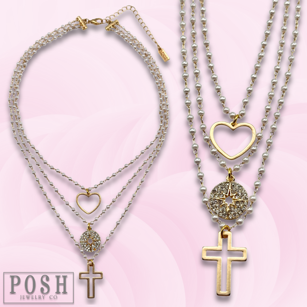 Linked pearl bead charm necklace