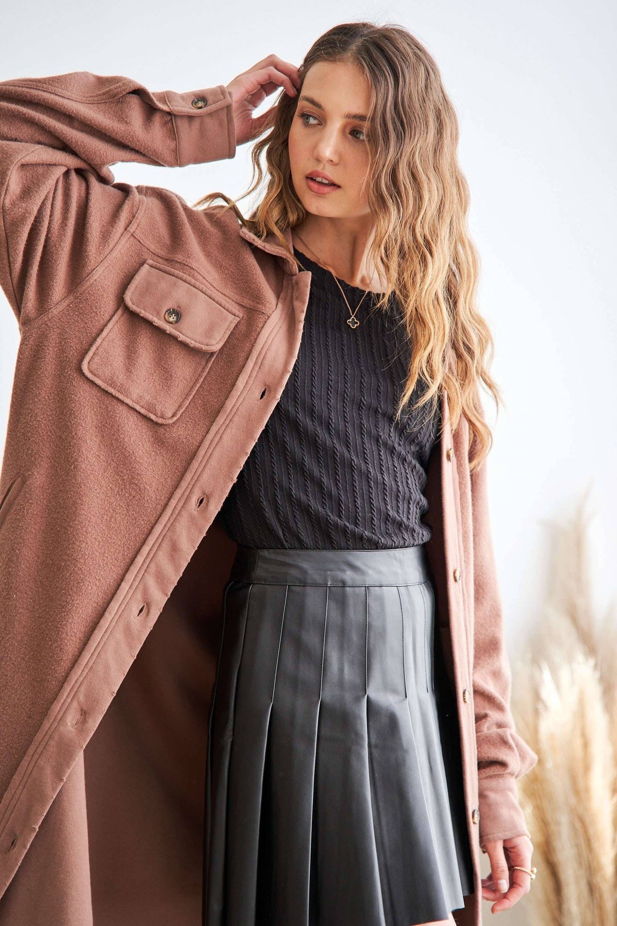CEJ3424 - ELBOW PATCHED BUTTON DOWN LONG JACKET