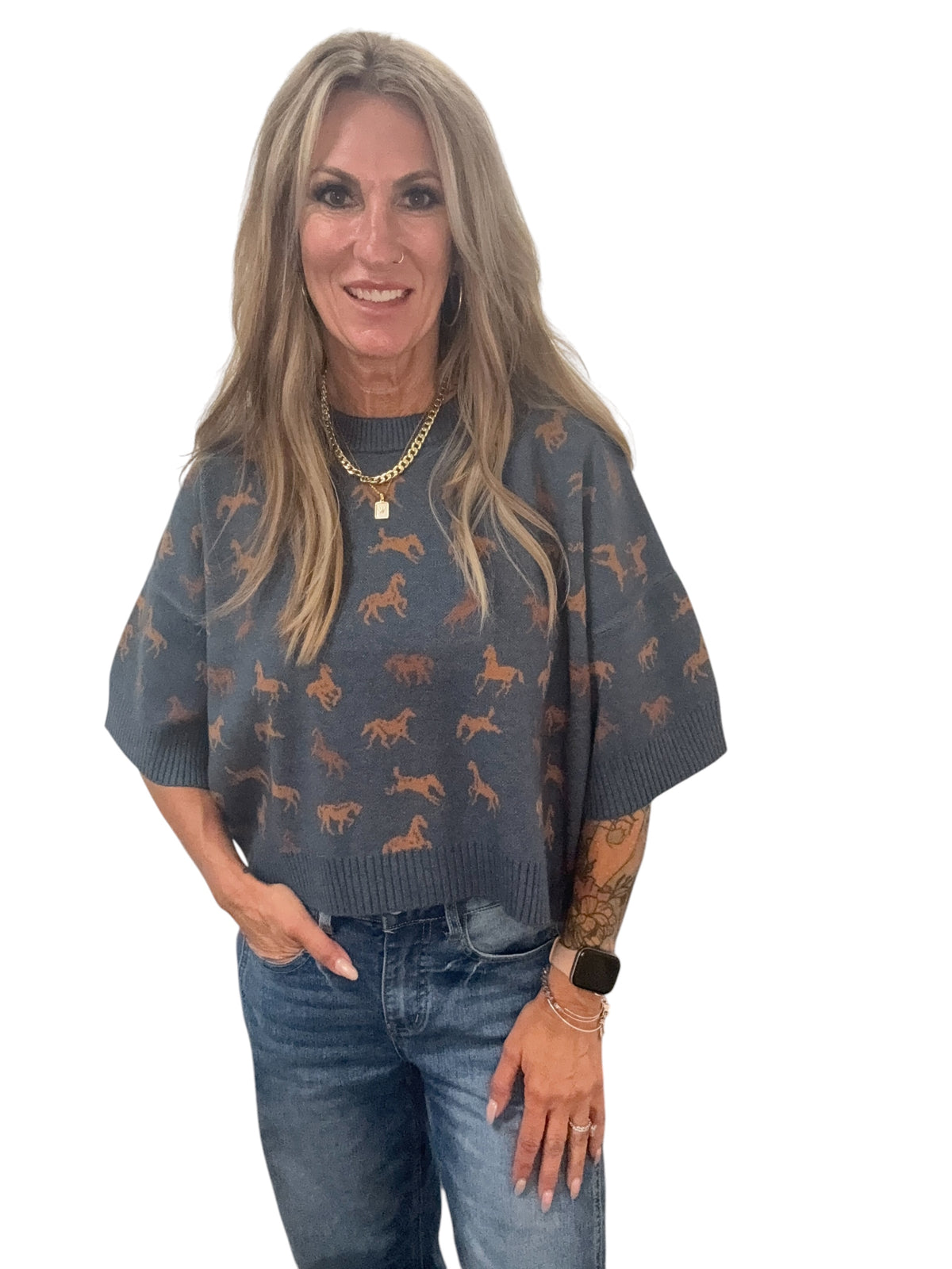 Elbow Sleeve Horse Sweater - Blue/Brown