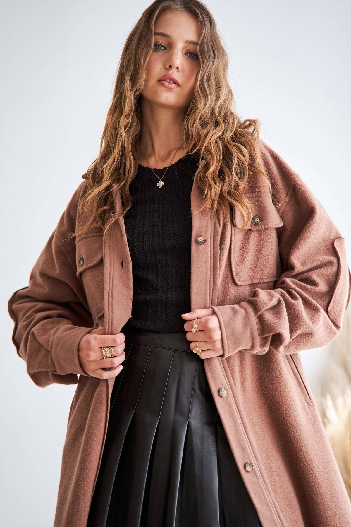 CEJ3424 - ELBOW PATCHED BUTTON DOWN LONG JACKET