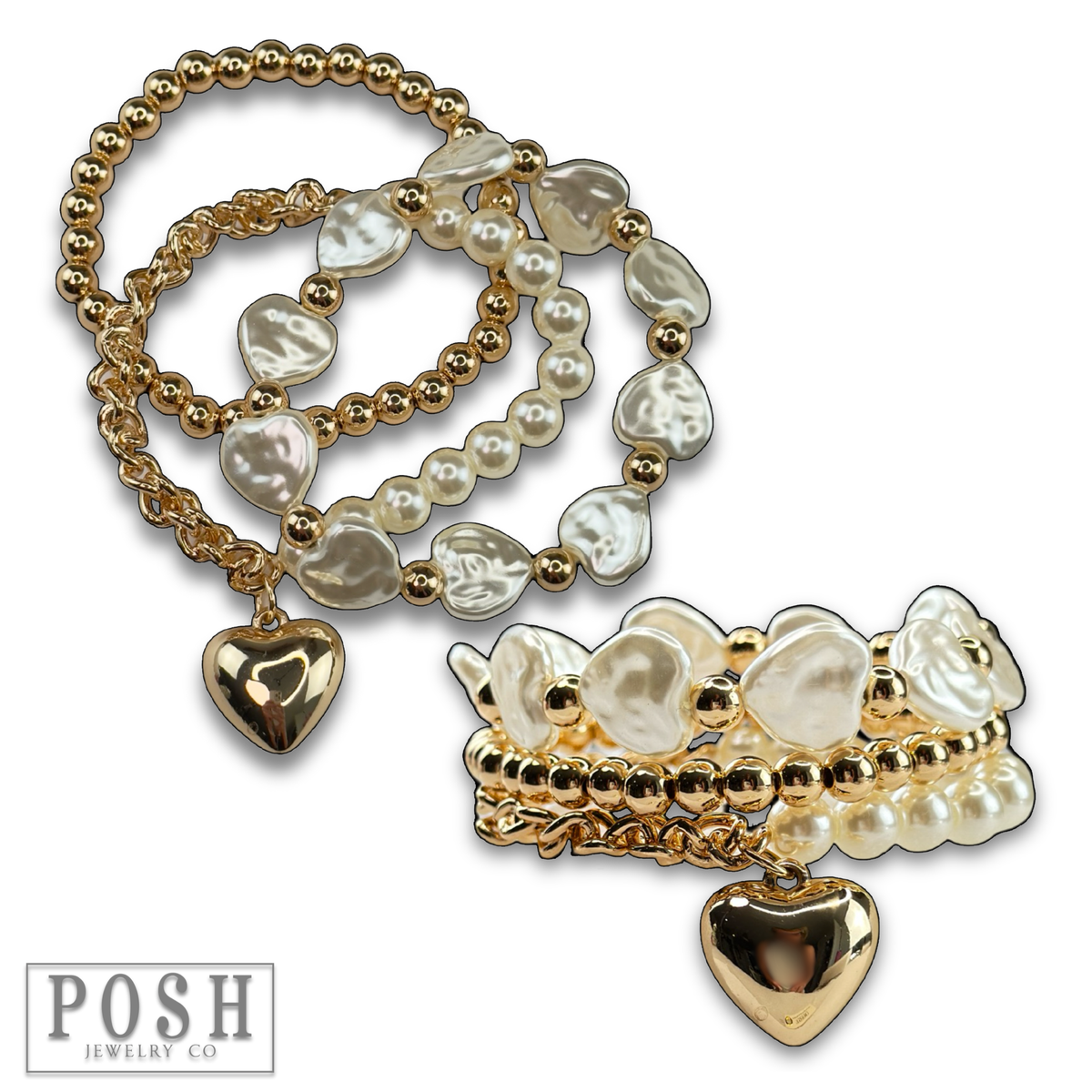 Pearl and gold bead heart charm bracelet