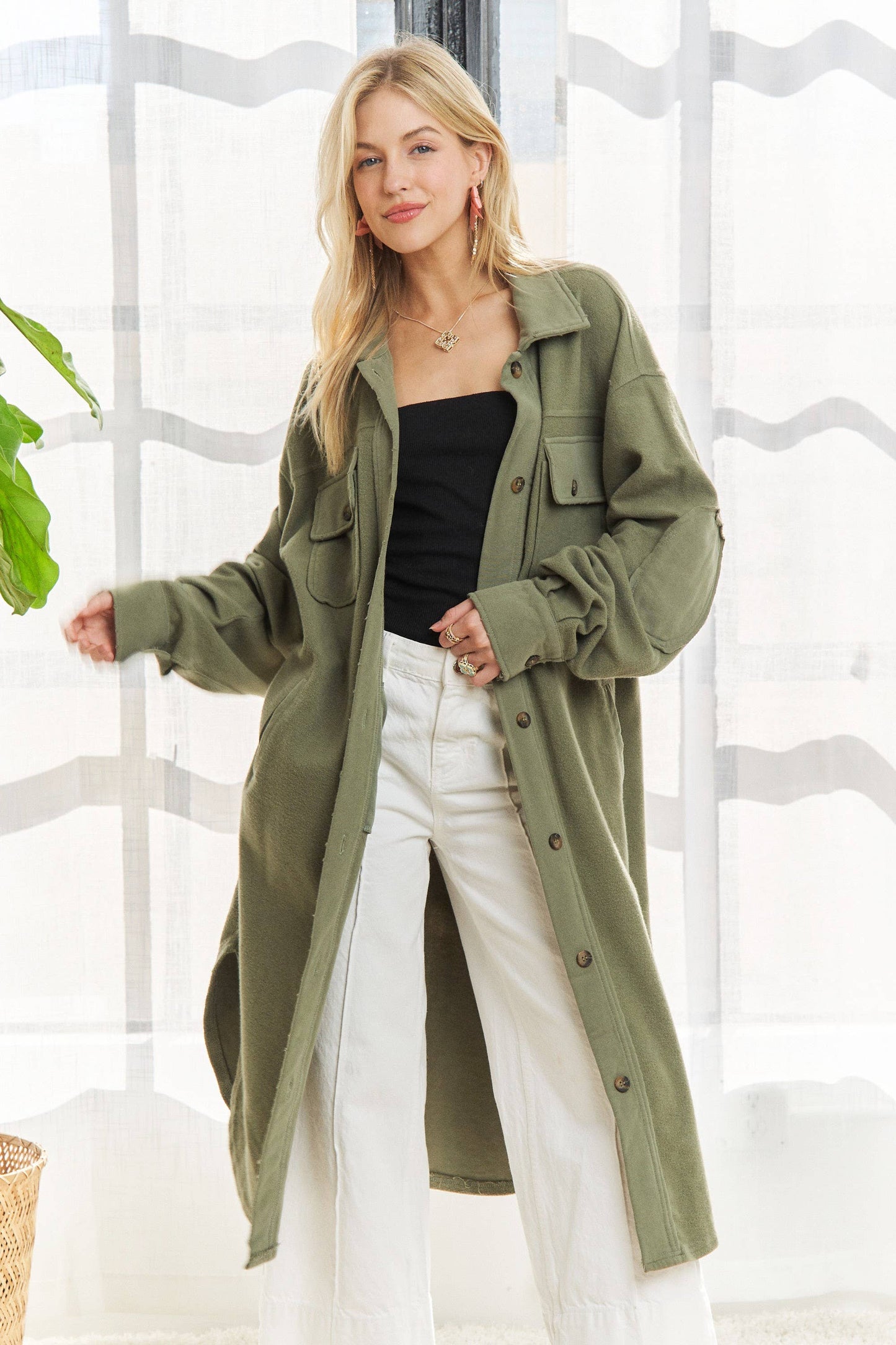CEJ3424 - ELBOW PATCHED BUTTON DOWN LONG JACKET