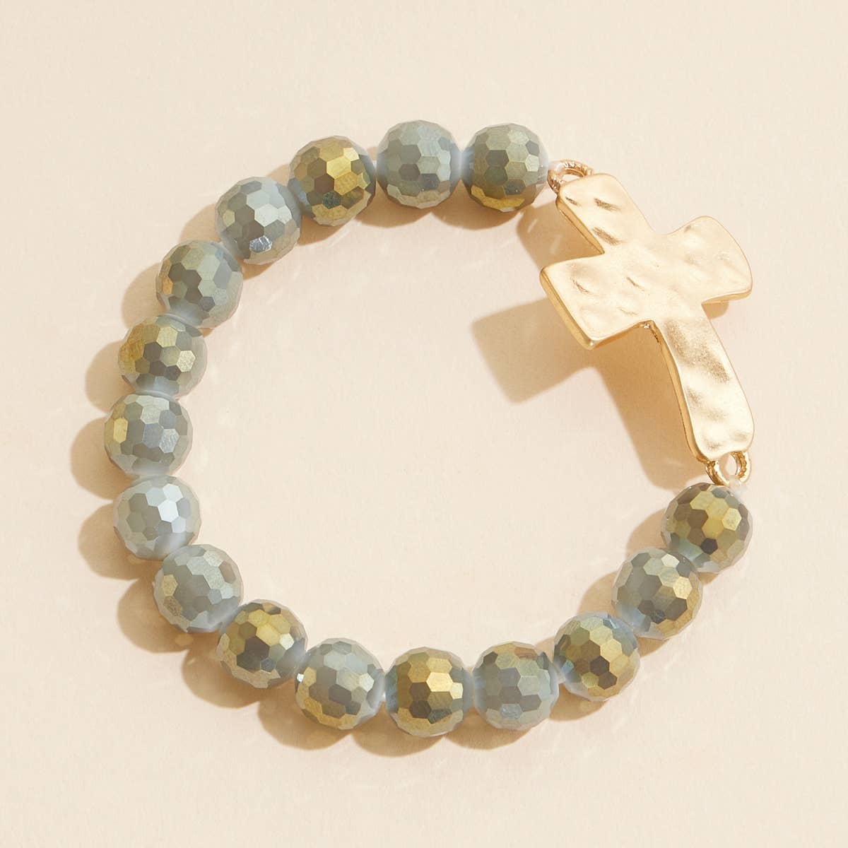 Glass Beaded Cross Charm Stretch Bracelet