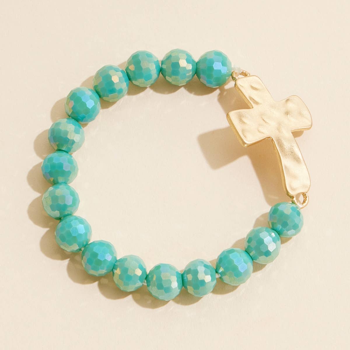 Glass Beaded Cross Charm Stretch Bracelet