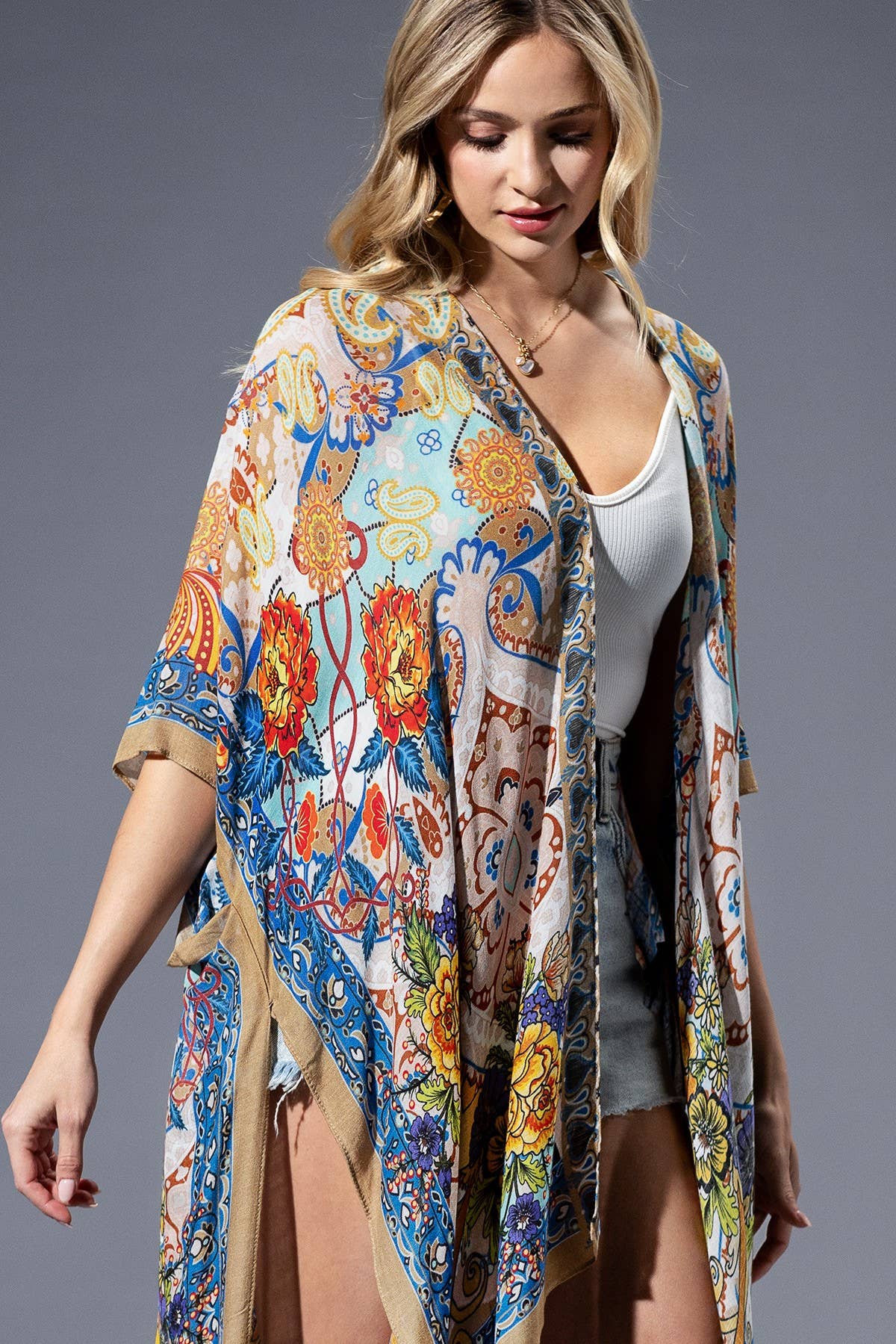 Gold Blue Mandala Viscose Kimono: GOLD BLUE MANDALA