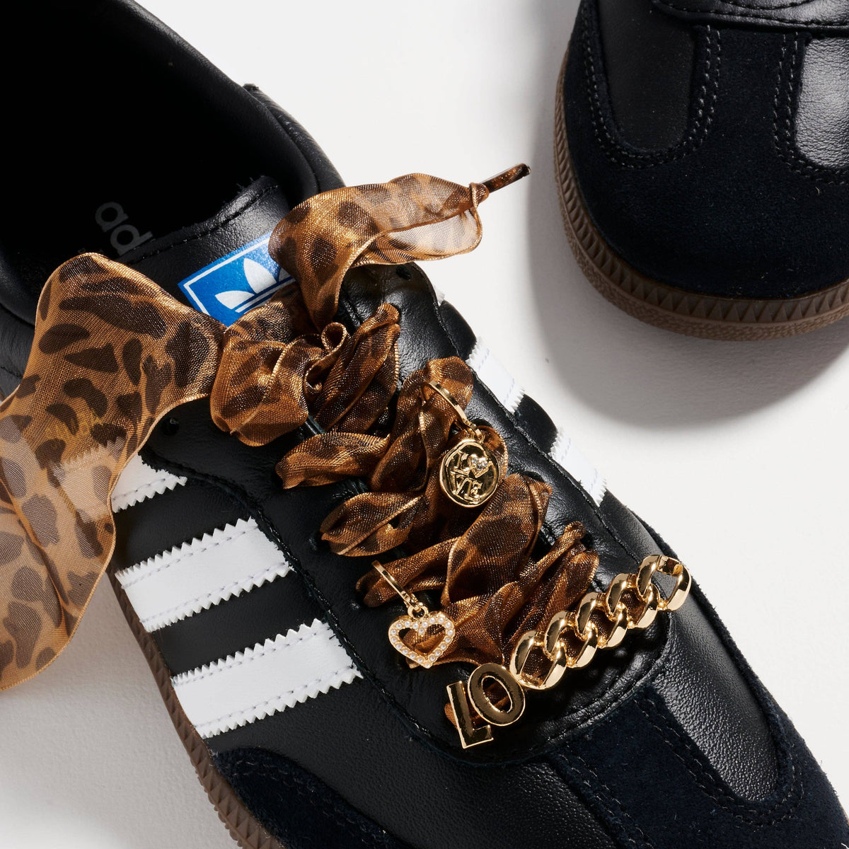 Leopard Organza Sneaker Shoelaces | Chain & Heart Charm Set