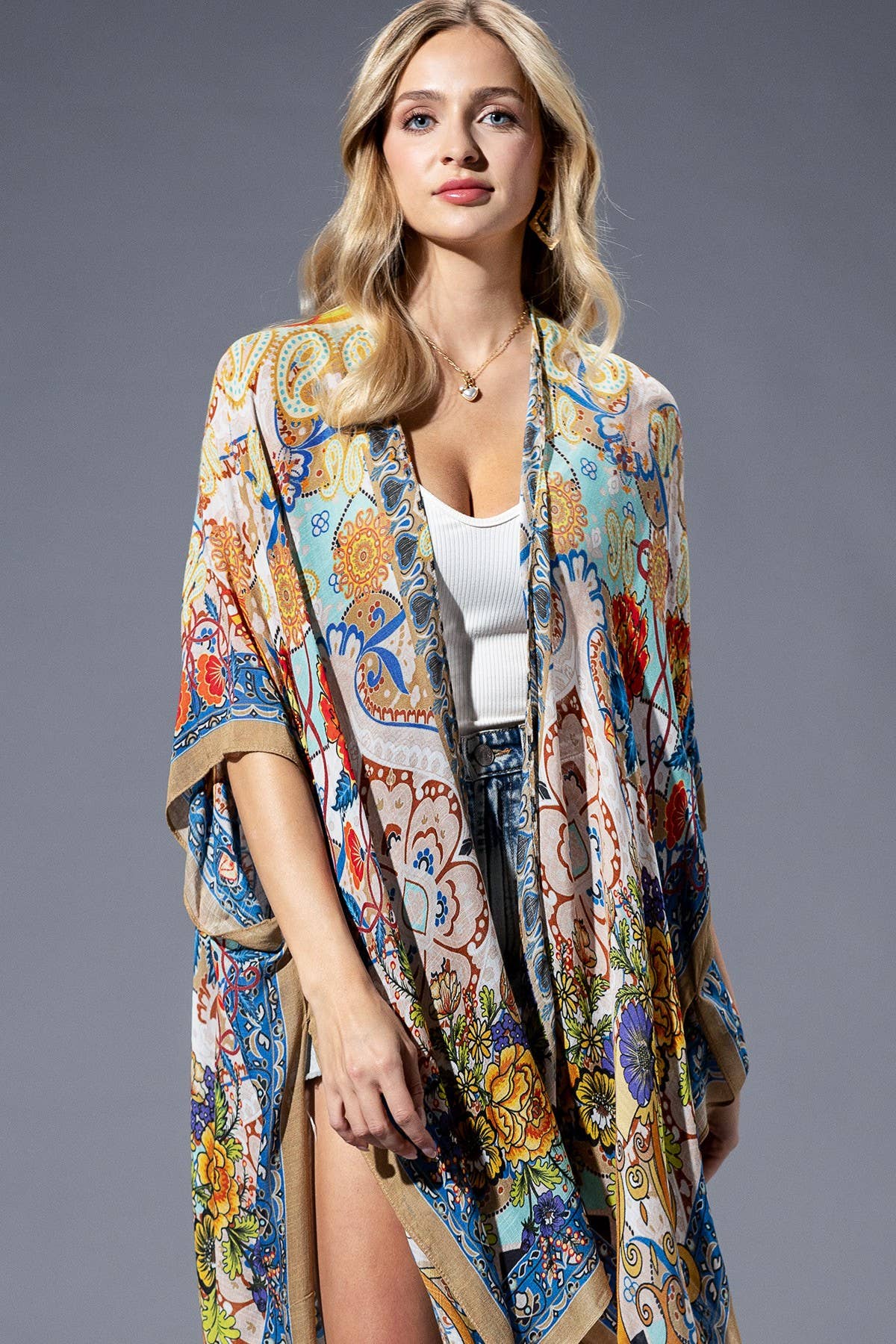 Gold Blue Mandala Viscose Kimono: GOLD BLUE MANDALA
