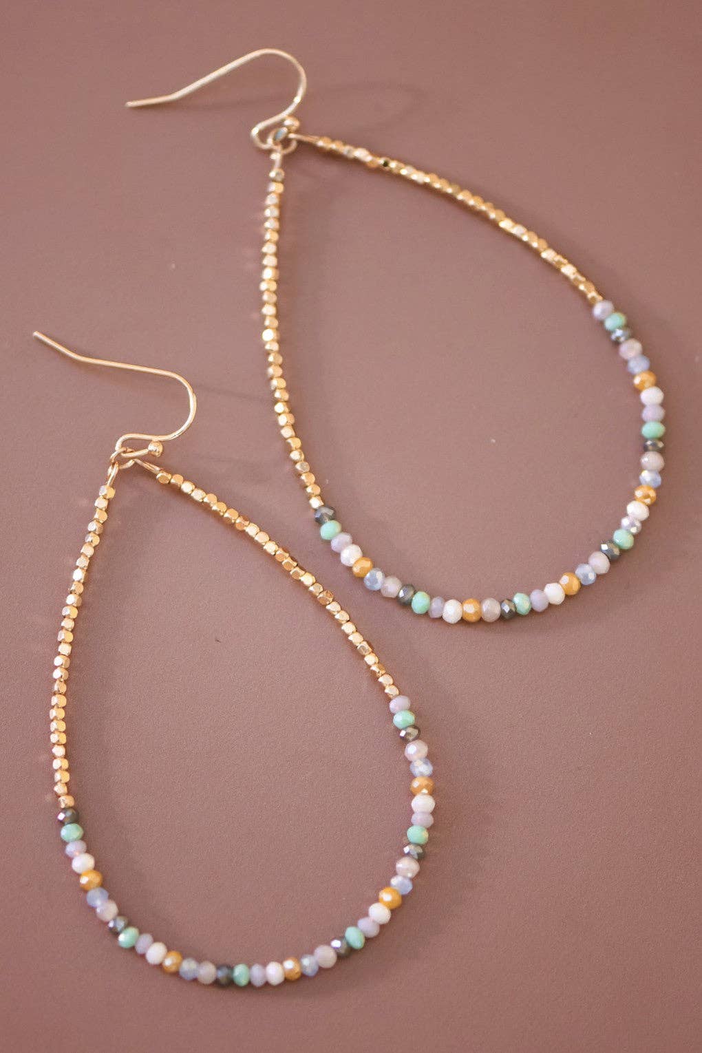Teardrop Wire Beaded Earrings with Glass Crystals - 6111: S0OX3T6111 Light Multi