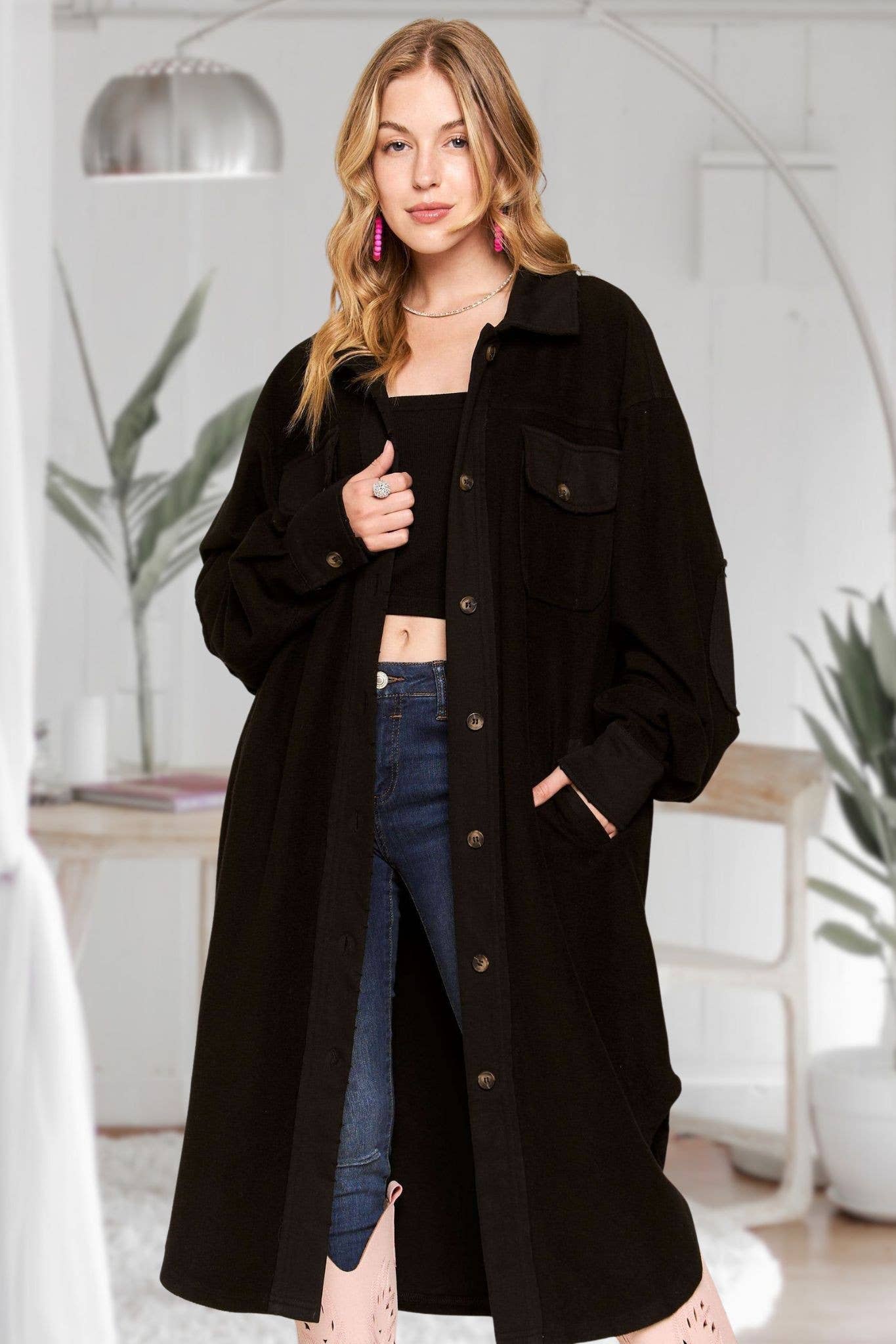 CEJ3424 - ELBOW PATCHED BUTTON DOWN LONG JACKET