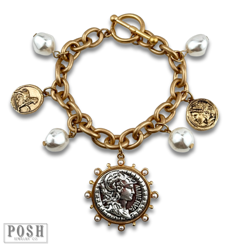 Coin and pearl bead charm bracelet
