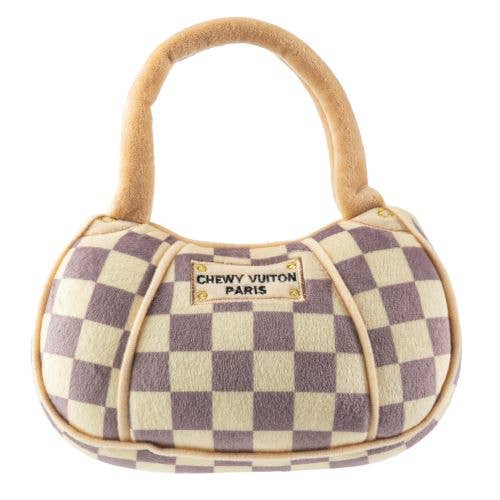 Tan Checker Chewy Vuiton Handbag | Plush Squeaker Dog Toy