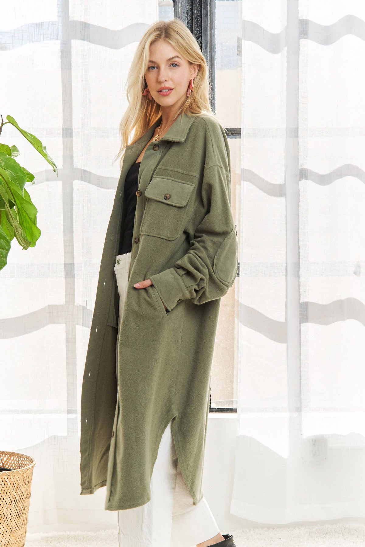 CEJ3424 - ELBOW PATCHED BUTTON DOWN LONG JACKET