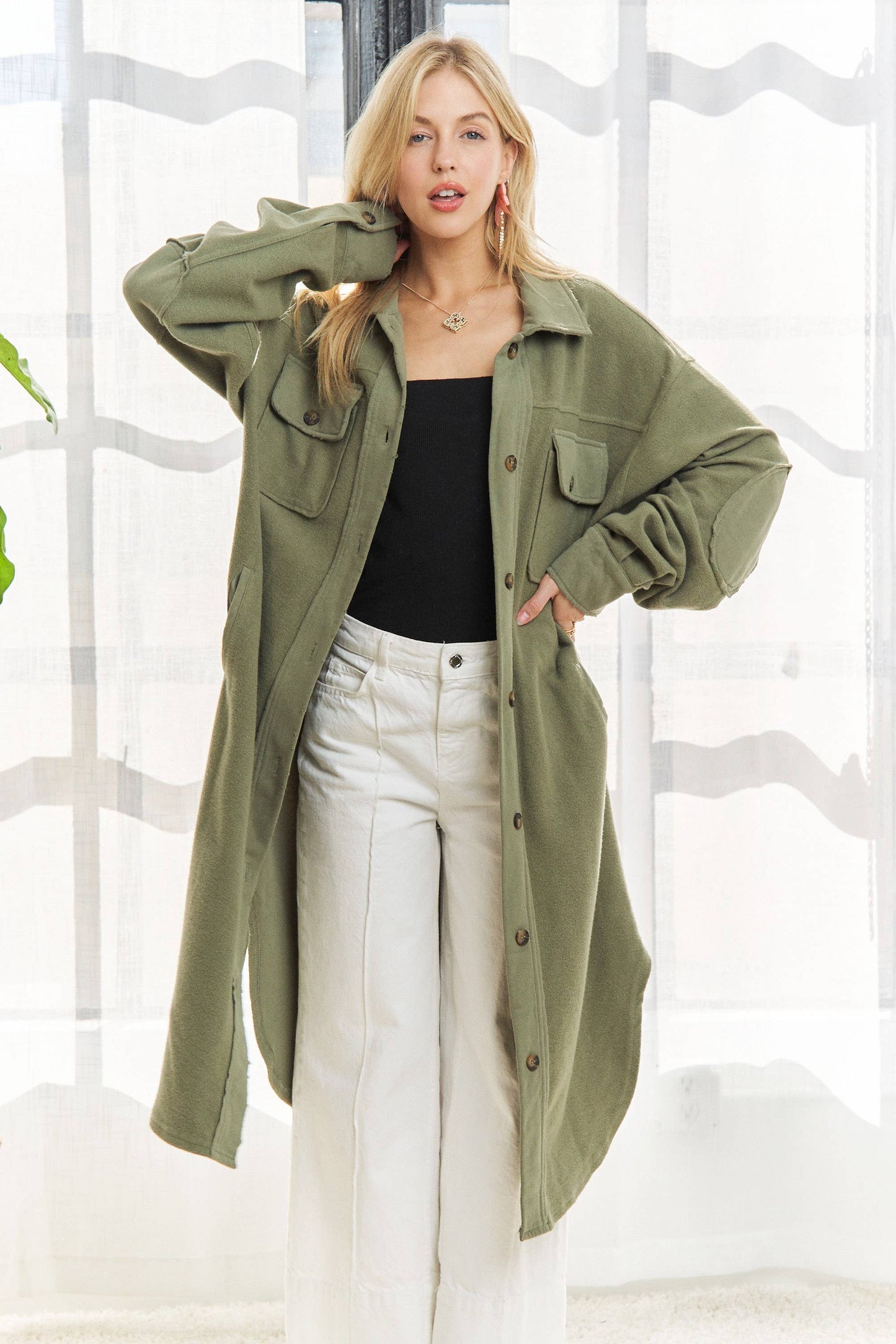 CEJ3424 - ELBOW PATCHED BUTTON DOWN LONG JACKET